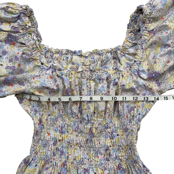 Levis Womens L Floral Smocked Mini Dress With Puff Sleeves & Pockets Coquette - Picture 5 of 9